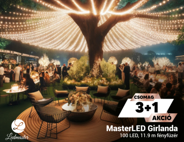 MasterLED Girlanda napelemes 100 LED-es, 11,90 m hosszúságú fényfüzér 3+1 ...