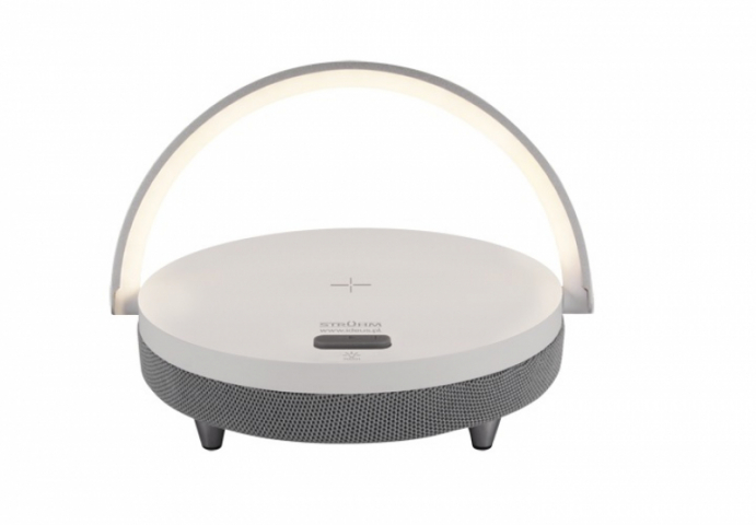 Strühm Saturn asztali lámpa fehér színben hangszóróval és vezeték nélküli telefontöltővel 