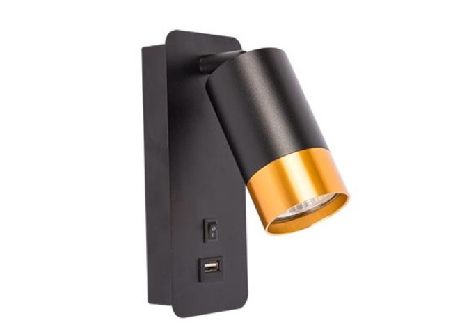MasterLED Klemens arany/fekete fali lámpa, GU10-es foglalattal USB aljzattal 