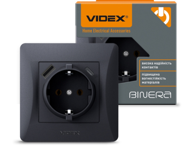 Videx Binera fekete színű süllyesztett földelt csatlakozó aljzat + 1-1 db USB csatlakozóval, USB-C csatlakozóval (20/120)
