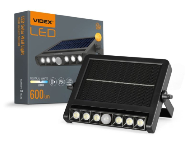 Videx napelemes fali LED lámpa, 5000K, beépített mozgásérzékelővel, 025-S 