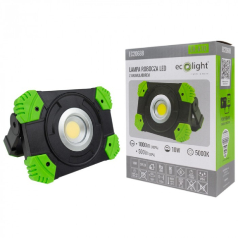 EcoLight 10 W-os, 5000K, újratölthető akkumlátoros LED reflektor