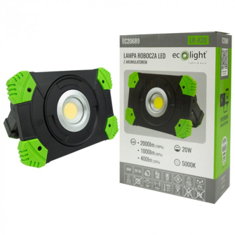 EcoLight LR-A20 20 W-os, 5000K, újratölthető akkumlátoros LED reflektor