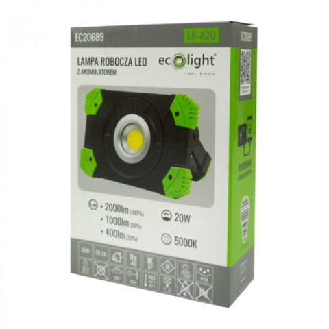 EcoLight LR-A20 20 W-os, 5000K, újratölthető akkumlátoros LED reflektor