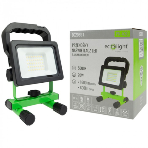 EcoLight 20 W-os natúrfehér hordozható LED reflektor, újratölthető akkumlátorral