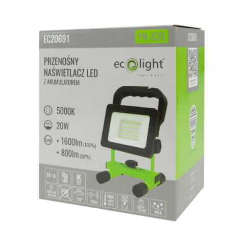 EcoLight 20 W-os natúrfehér hordozható LED reflektor, újratölthető akkumlátorral