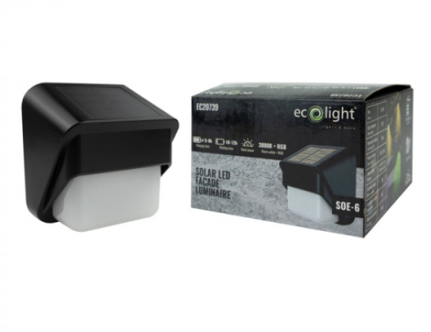 EcoLight Napelemes fali lámpa RGB+ natúr fehér, beépített alkonykapcsolóval, SOE-6 