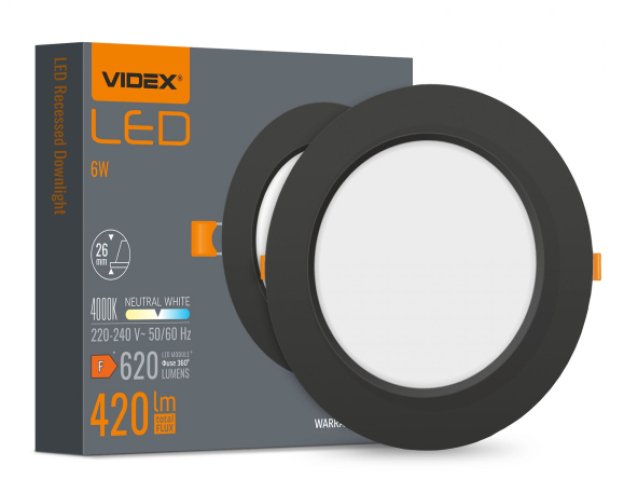 Videx 6 W-os süllyesztett natúr fehér, fekete színű kör alakú LED-es mennyezetlámpa 