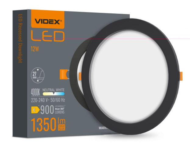 Videx 12 W-os süllyesztett natúr fehér, fekete színű kör alakú LED-es mennyezetlámpa 
