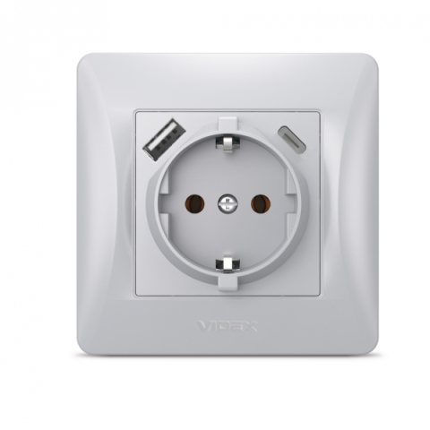 Videx Binera ezüst színű süllyesztett földelt csatlakozó aljzat + 1-1 db USB csatlakozóval, USB-C csatlakozóval (20/120)