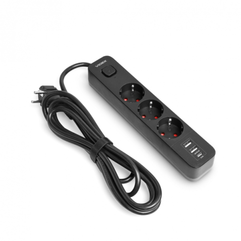 Videx Oncord fekete színű 3-as hosszabbító kapcsolóval, 3m-es kábellel, 2 x USB + 1 x USB-C